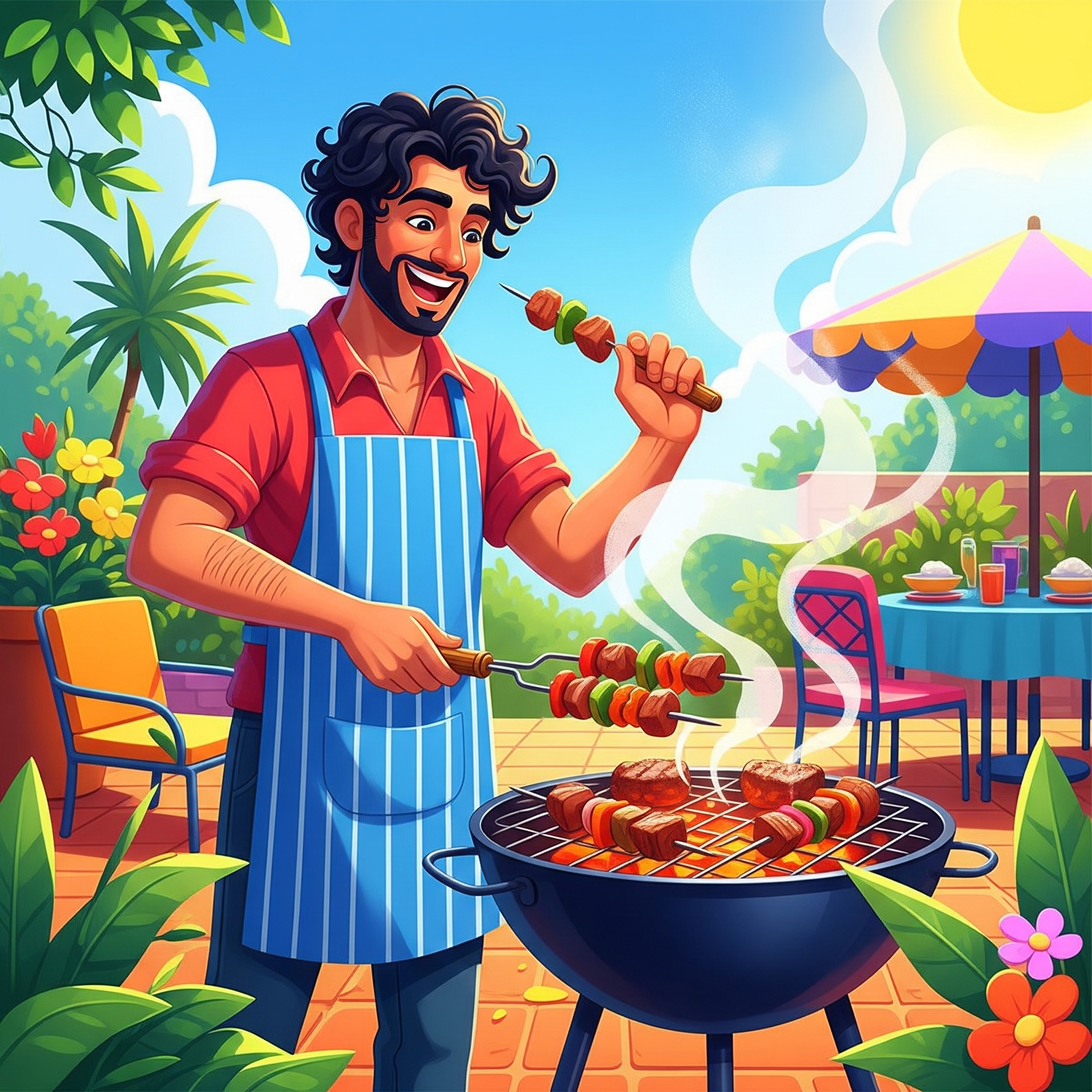 Cartoon image of man grilling food on a barbecue